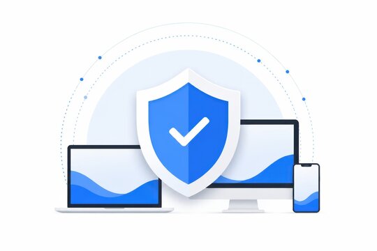 Cyber security shield protecting laptop desktop and smartphone on white background