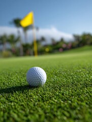 Obraz premium White golf ball resting on vibrant green grass with a flagstick and clear sky in the background during a sunny day on a scenic course