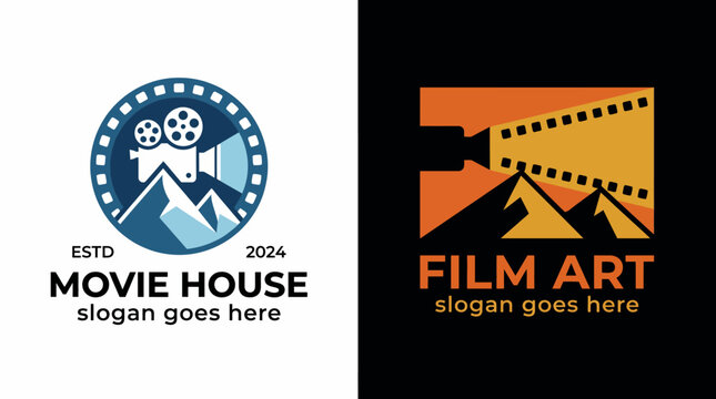 This logo features film reels and mountains, merging cinema and nature, designed for a film house dedicated to delivering exceptional cinematic experiences.