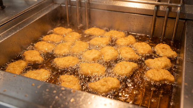 Golden fried dough balls frying in hot oil in metal basket