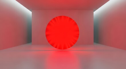 Obraz premium A vibrant red circular portal emits a powerful crimson glow within a minimalist white gallery space featuring sharp lines and soft shadows, modern, scifi, glow