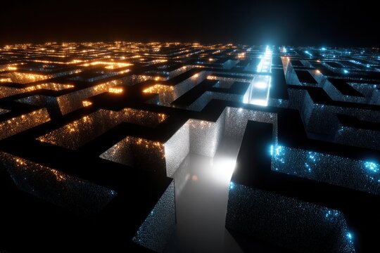 Abstract Digital Maze with Illuminated Path and Sparkling Nodes