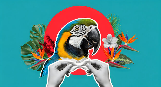 Digital collage modern art. Macaw head, with hands tying bow