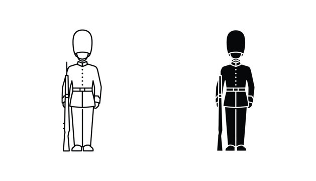 British royal guard soldier standing with rifle in both black silhouette and outline style isolated on white background for travel and historical design
