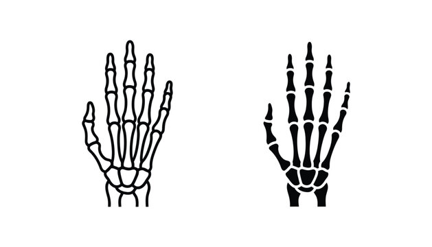 Anatomical human hand skeleton illustration in both black silhouette and outline style for medical or educational design isolated on white background