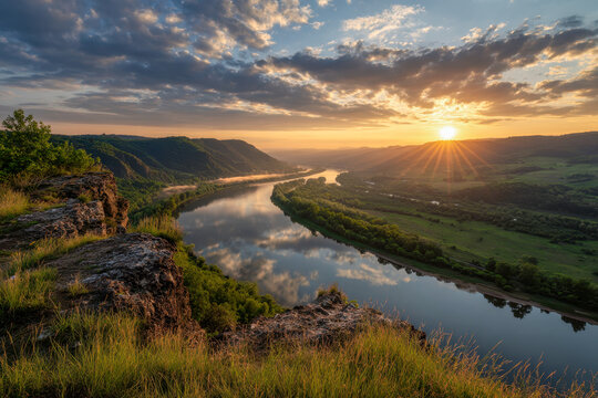 Scenic sunrise over a winding river reflecting clouds and sky with rocky cliffs and green hillsides creating a peaceful natural landscape at dawn