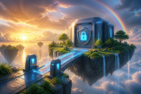 Futuristic floating island with secure vault and glowing bridge at sunrise
