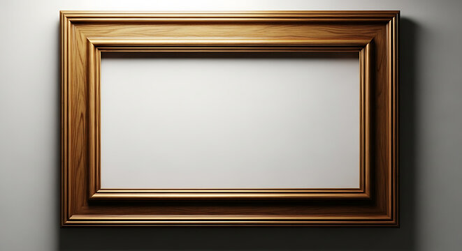 Empty ornate gold picture frame with blank white space on a light grey wall decorative background copy space interior template