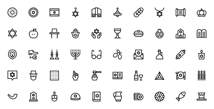 Judaism icon set. Vector illustration pack. Jewish culture and religious symbols collection. Featuring Star of David, Menorah, Torah, Challah, Shofar, Kippah, Dreidel, Hamsa and more.