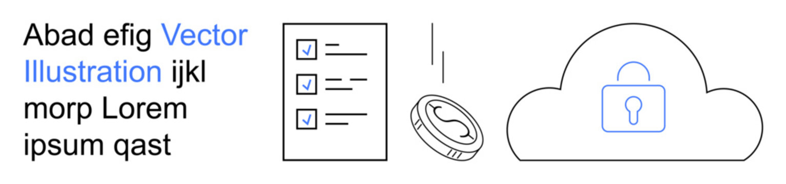 Data security systems, financial transactions, cloud storage, security checklist, digital protection, online banking. A lock symbol within a cloud and a checklist with coin. Data security systems