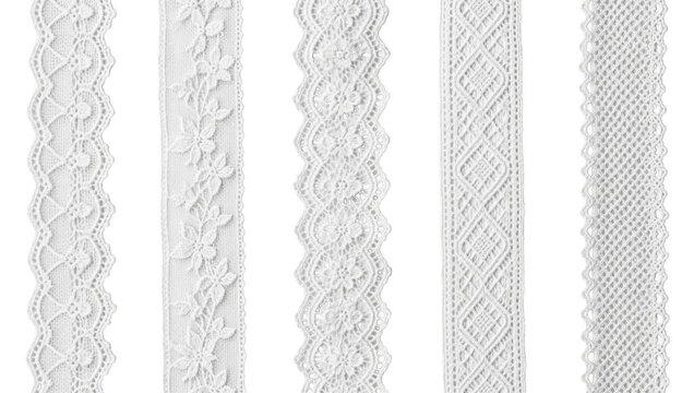 Collection of five white lace borders as isolated element isolated on transparent background
