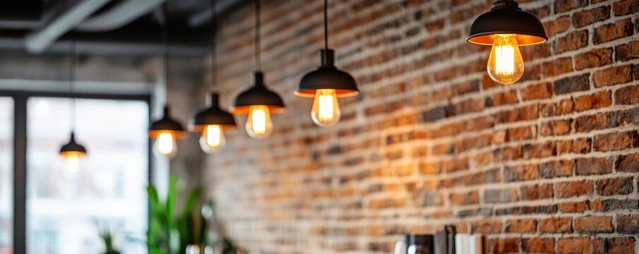A row of warm industrial pendant lights with Edison bulbs illuminates a rustic brick wall, creating a cozy modern cafe interior ambiance with a strong focus on vintage decor. Lighting,