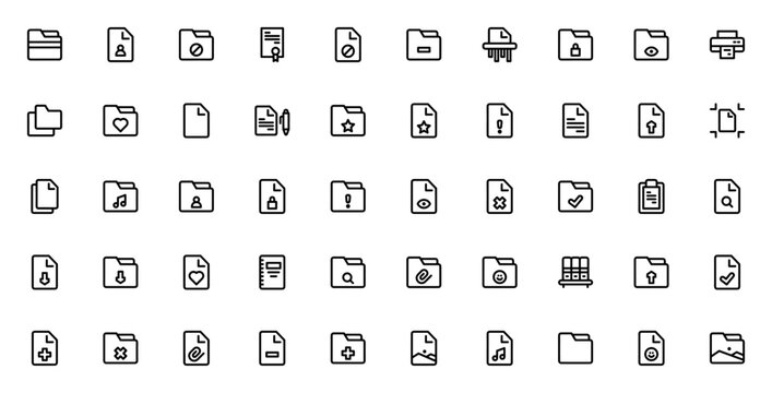 Files and folders icon pack. Minimal vector set. Includes folder, file, patent, paper shredder, printer, contract, clipboard, book, archive, image, mp3 and more. Editable thin line icons.