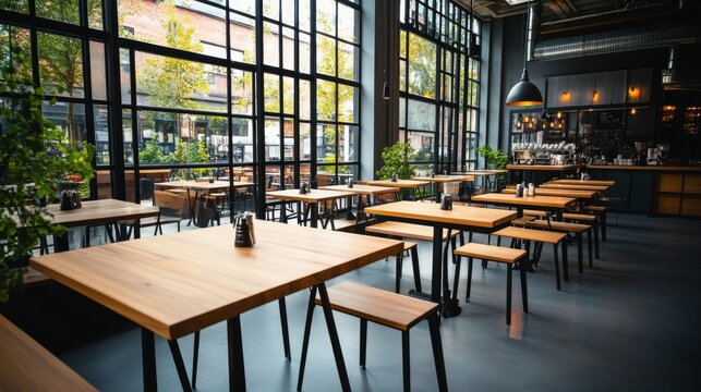 Bright urban cafe interior modern industrial design with tall grid windows, warm wooden tables and dark bar. Ready for guests. Cafe, Modern Interior
