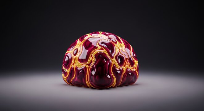 A unique treat displays a glossy bio-luminescent surface resembling living tissue with deep crimson and golden swirls on a plain stage, gelatinous, ring, organic