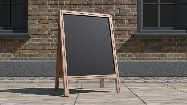 Wooden A-Frame Chalkboard Sign with Blank Black Surface on Pavement Outside Brick Building