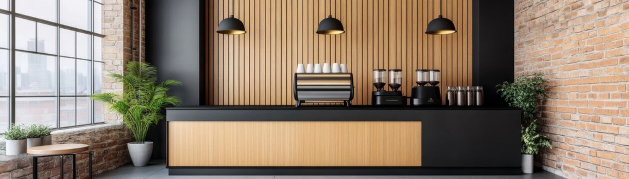 Contemporary industrial coffee bar with a sleek black counter, wood slat backdrop, exposed brick wall and natural light. Chic self-serve cafe interior concept., Cafe, Interior Design