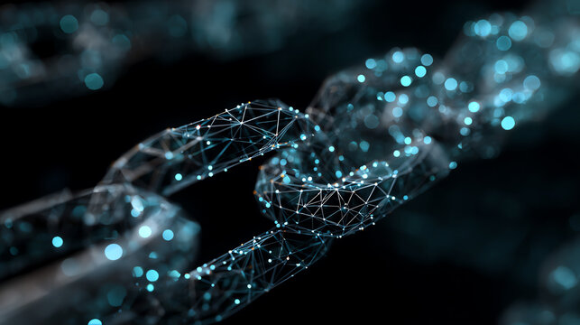 Abstract digital chain link symbolizing connectivity and blockchain technology with glowing particles.