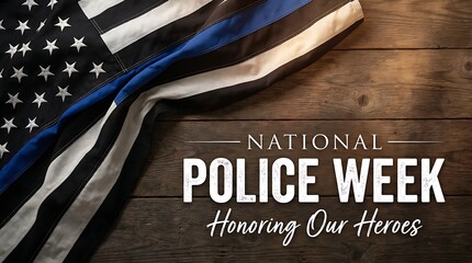 Obraz premium National police week honoring heroes with thin blue line American flag draped over rustic wood surface.
