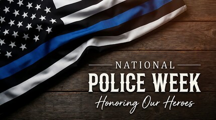 Obraz premium National police week honoring heroes with thin blue line American flag draped over rustic wood surface.