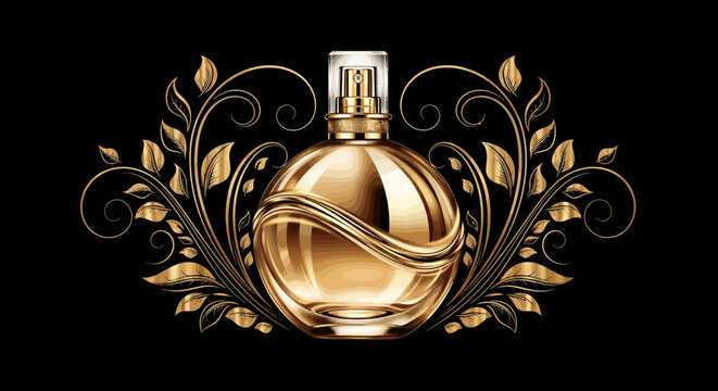 Luxurious gold ornate perfume bottle with decorative flourish on a sleek black background.