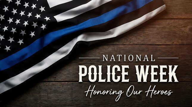 National police week honoring heroes with thin blue line American flag draped over rustic wood surface.