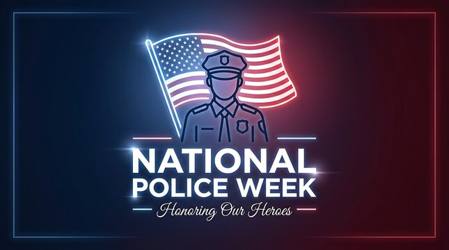 National police week honoring our heroes with American flag and police officer silhouette on dark blue and red background with light effects celebrating law enforcement appreciation day.