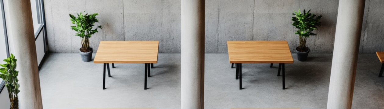 High-angle modern minimalist cafe interior two wood tables, potted plants, raw concrete walls and striking columns; urban, industrial, serene design. ,Interior design, Cafe
