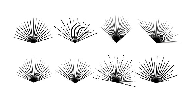 Collection of abstract sunburst vector shapes with radiating lines and gradients.