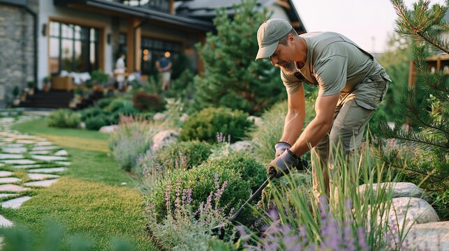 Professional gardener tending to lush, manicured garden with modern home in background