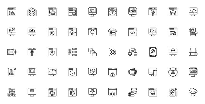 Web Development icon set. Minimalist web icons pack. Includes symbols for design, coding, security, data, analytics, SEO, hosting and more. Editable vector stroke.