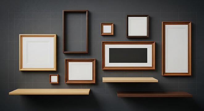 Gallery wall arrangement with various empty picture frames and floating wooden shelves on grey background floating interior arrangement displays furniture background decoration minimalist