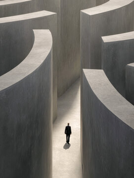A lone businessman walking through a high-walled concrete maze symbolizing complex challenges and navigating difficult decisions in a corporate environment