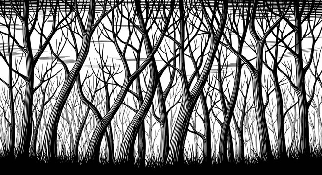Black and white illustration of bare trees with intertwined branches and foliage