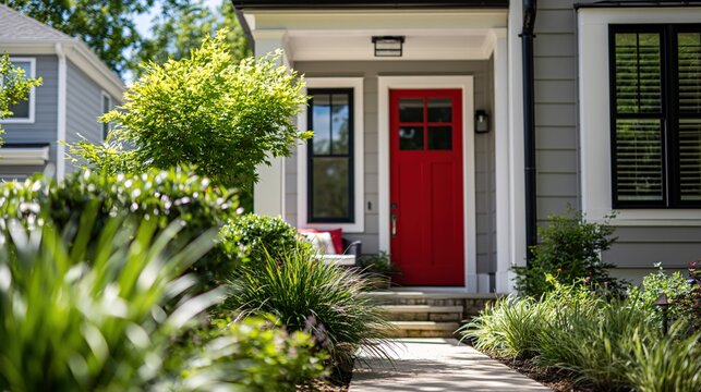 Vibrant red front door of a charming suburban home framed by lush green landscaping on a sunny day.