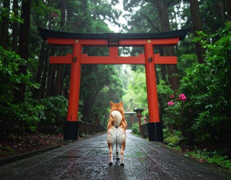 雨の降る神社の参道で佇む柴犬の横顔 和風の背景と赤い鳥居