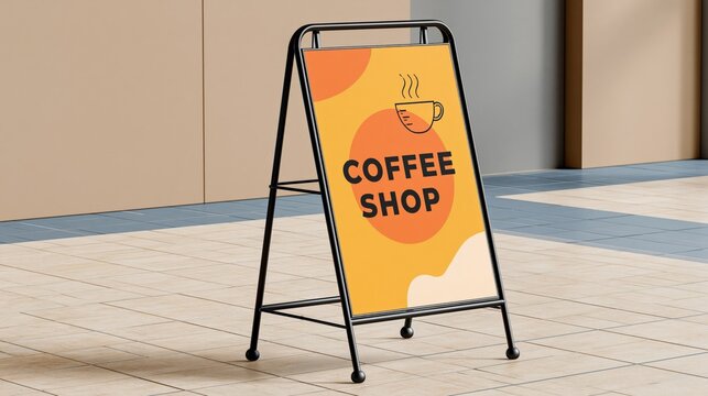 Modern A-frame sign advertising a trendy coffee shop with steaming mug graphic and abstract orange shapes