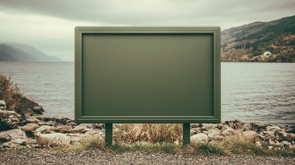 Obraz premium Empty Billboard Displaying Green Screen Overlooking Scenic Lake and Hilly Landscape
