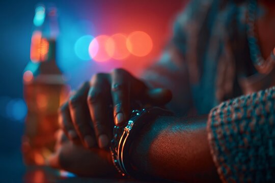 Close up of person in handcuffs with blurred bar lights and bottle