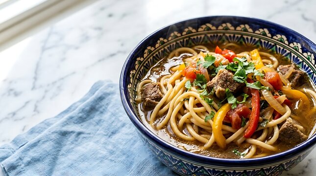  Lagman, Kazakh hand-pulled noodles, in deep indigo ceramic bowl with traditional patterns, long yellow elastic homemade noodle strands intertwined