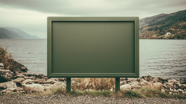 Empty Billboard Displaying Green Screen Overlooking Scenic Lake and Hilly Landscape