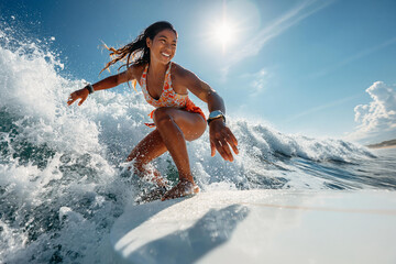 Obraz premium Young woman happily surfing a wave under the bright sun