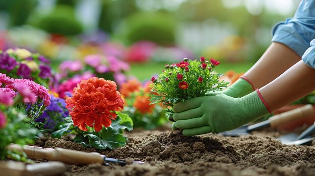 Gardener's hands in green gloves planting vibrant flowers in a colorful spring garden bed with tools