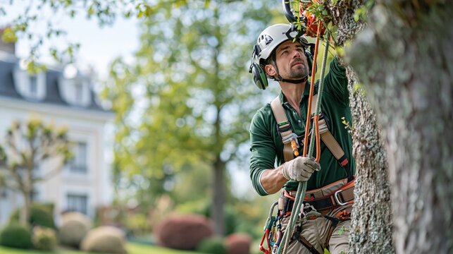 Professional arborist performing tree care and pruning services using safety equipment outdoors