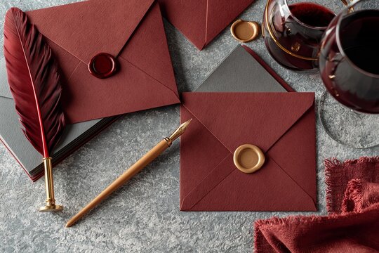 Elegant invitation stationery with quill pen, wax seals, and wine