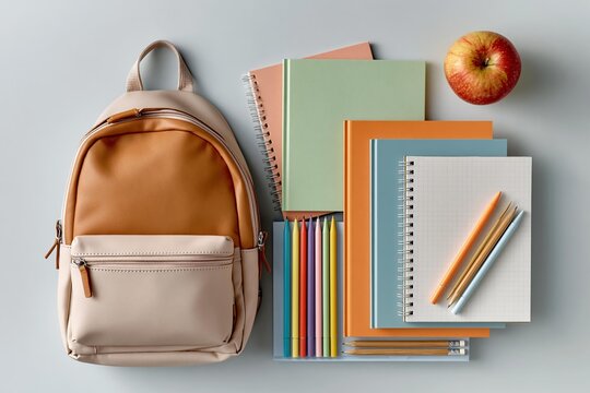 Overhead view of school supplies and a backpack for back to school