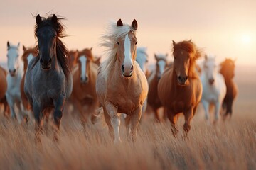 Obraz premium Herd of horses running through a dry grass field at sunset