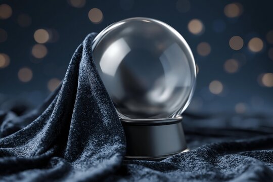 Mysterious crystal ball on velvet with bokeh lights in the background