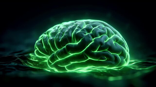 Artificial intelligence. Neuron network. A closeup of a glowing, green brain against a dark, blurred background. The brain is intricately detailed.