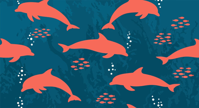 Coral dolphins, ocean creatures, sea animals, underwater pattern, blue background, vector illustration,  seamless design
